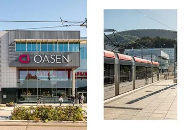 two pictures of a train in front of a building at Penthouse apartment with sauna, balcony and free coffe in Bergen