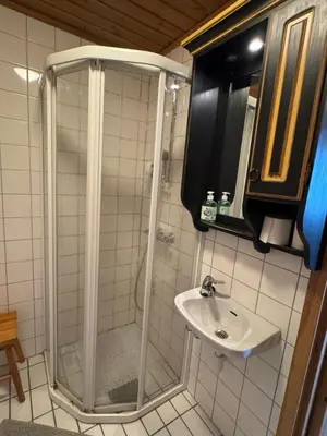 a bathroom with a shower and a sink at Fjellleilighet med drømmeutsikt in Oppdal