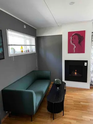 a living room with a green couch and a fireplace at Staupslia Apartment in Levanger