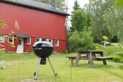 a grill and picnic table in front of a red barn at Feriested i Tørberget in Tørberget