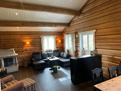 a living room with a couch and a tv at Lekker tømmerhytte in Tyinkrysset