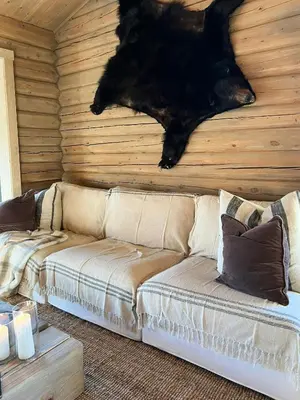 a black dog laying on top of a couch in a room at Timber Cabin By The Ski Slopes In Oppdal in Oppdal