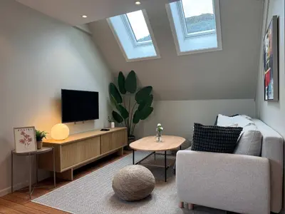 a living room with a couch and a tv at Heimby Homes - Four Bedroom Family Penthouse in Bergen
