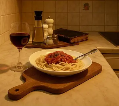 a bowl of pasta and a glass of wine on a table at Fjordpust og fjellsteg - Stryn in Stryn