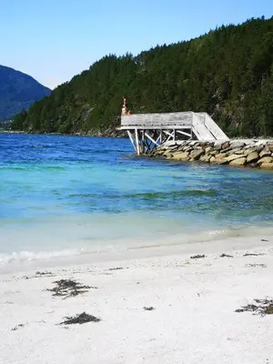 a person standing on a dock over the water at Sentralt i Sogndal terrasse med fjordutsikt in Sogndal