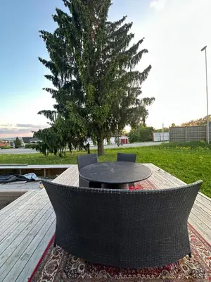 a black table and chairs on a wooden table with a tree at Scandinavian Style Ridabu Hamar in Hamar