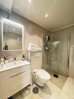 a bathroom with a shower and a toilet and a sink at Alesund center room with double bed in Ålesund