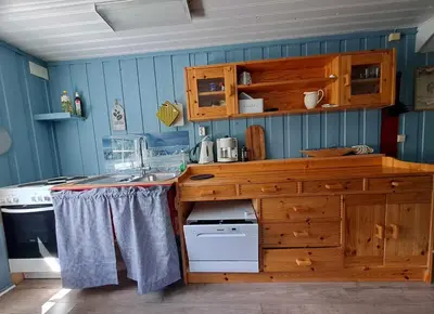 a kitchen with wooden cabinets and a sink and a stove at xxx in Ryfoss