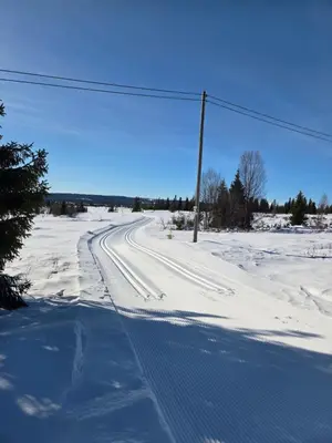 a road covered in snow with a pole at Koselig liten fjellhytte i flott turterreng både sommer og vinter in Hovda