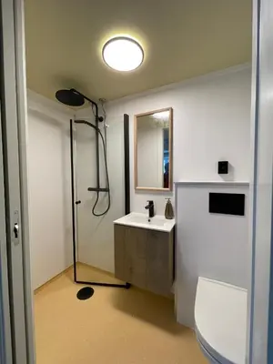 a bathroom with a sink and a shower and a toilet at Bakkebo in Åndalsnes