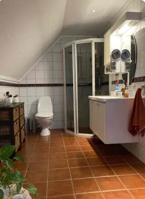 a bathroom with a shower and a toilet and a sink at Lilletun in Selbu