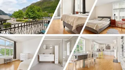 a collage of photos of a bedroom and a living room at 4-Bedroom Apartment with Balcony in Odda