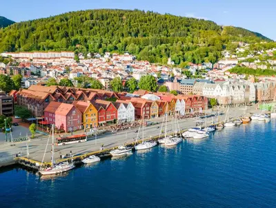an aerial view of a harbor with boats in the water at Central apartment in Bergen City Center in Bergen