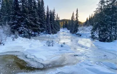 a river covered in snow next to some trees at 4 Bedroom Nice Home In Vinje in Trovatn