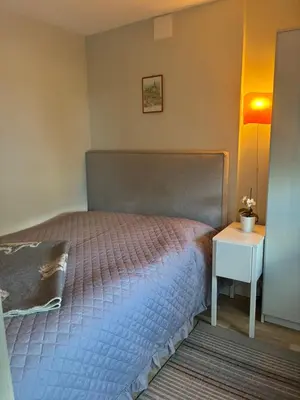 a bedroom with a bed and a side table at FINN-bruker in Lii