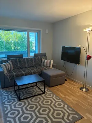 a living room with a couch and a flat screen tv at FINN-bruker in Lii