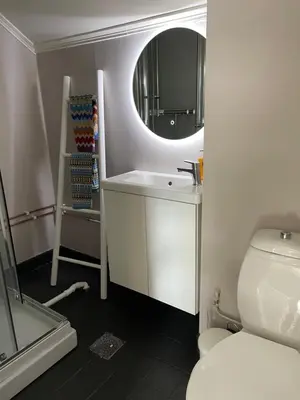 a bathroom with a sink and a mirror and a toilet at Small apartment with 4 bedrooms close to city in Trondheim