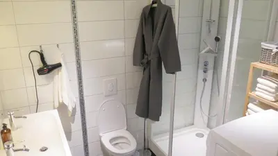 a bathroom with a toilet and a sink and a shower at Stavetunet in Stadlandet