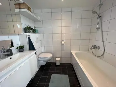a bathroom with a tub and a toilet and a sink at The house next to the fjord in Trondheim