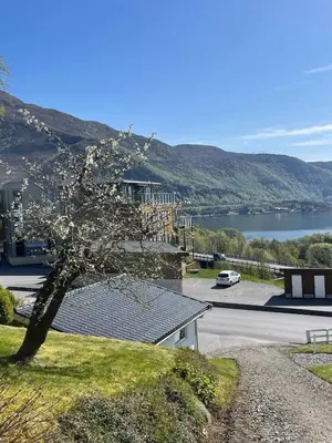 a tree in front of a building with a view of a lake at Retro hus med fin beliggenhet in Haddal