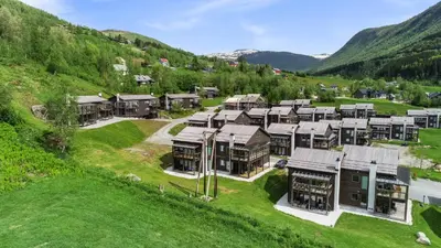 an aerial view of a resort in the mountains at Large nice apartment in Myrkdalen in Vossevangen