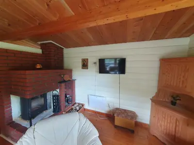 a living room with a brick fireplace and a tv at Feriehus Rodal med Båt in Rodal