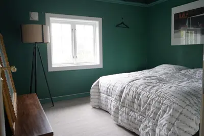 a green bedroom with a bed and a window at Traditional Norwegian Villa, Bay view and boat in Bergen