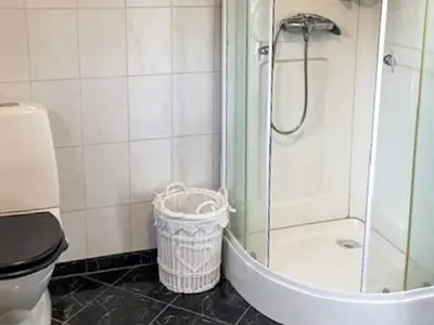 a bathroom with a shower and a toilet and a basket at 8 person holiday home in hauglandshella