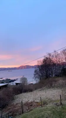a field with a view of a body of water at Koselig hytte nær sandstrand in Langenes