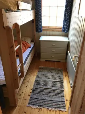 a small room with two bunk beds and a rug at Koselig, lita hytte på Aurdalsåsen ved Danebu in Aurdal