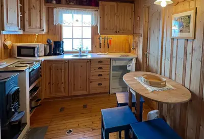 a kitchen with wooden cabinets and a table and a sink at Koselig, lita hytte på Aurdalsåsen ved Danebu in Aurdal