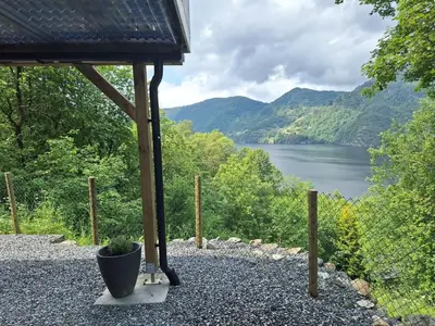 a view of a lake from a gazebo at Fjord Nest in Bergen