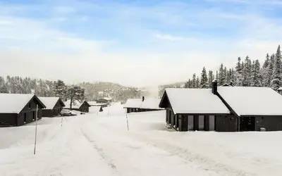 a village covered in snow with trees and buildings at Gaustatoppen Hytteutleie in Gaustablikk