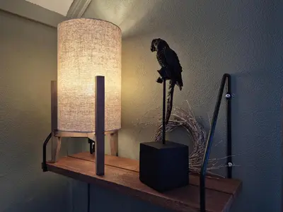 a black bird sitting on a shelf next to a lamp at Trines Hjerterom in Steinkjer