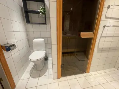 a bathroom with a toilet and a shower at Nice And Central With Terrace in Beitostøl