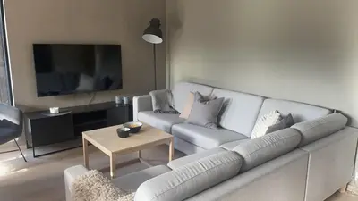 a living room with a couch and a tv at Familiy apartment in Myrkdalen Voss in Vossestrand