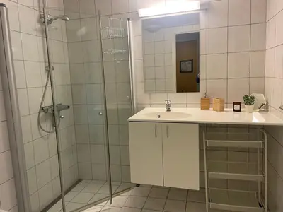 a bathroom with a shower and a sink and a mirror at Central, Cozy & Pet-Friendly in Beitostøl