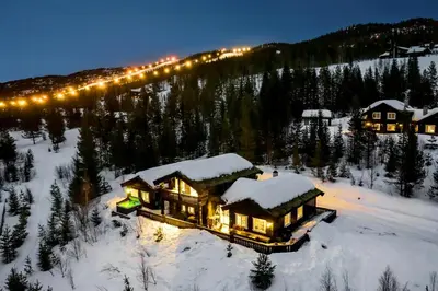 an aerial view of a house in the snow at Spacious Family Cabin At Nesfjellet With Views in Nesbyen