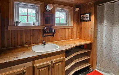 a bathroom with a sink in a wooden cabin at Cozy Home In Hemsedal With Sauna in Hemsedal