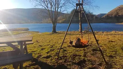 a swing in a field next to a lake at Nesvika 5 bedroom holiday home, only 25 min from Bergen in Bergen