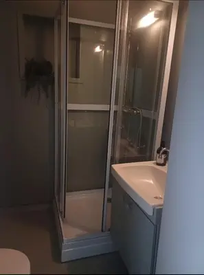 a bathroom with a shower and a sink at Nesvika 5 bedroom holiday home, only 25 min from Bergen in Bergen