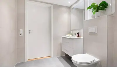 a white bathroom with a toilet and a plant at ingen in Bergen