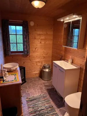 a bathroom with a toilet and a sink at Spacious mountain cabin in Valdres with 3 bedrooms in Vevle