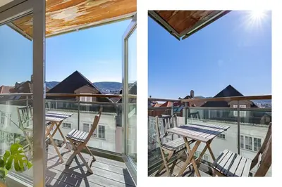 two images of a balcony with a table and chairs at Central Bergen apt w Balcony in Bergen