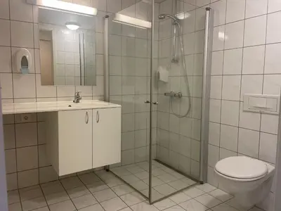 a bathroom with a shower and a toilet and a sink at Sentral, Hc-Friendly Apartment in Beitostøl