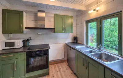 a kitchen with green cabinets and a sink at Nice Home In Aksdal With House Sea View in Aksdal