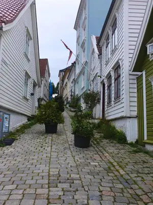 a cobblestone street in a town with white buildings at You cottage in the city in Bergen