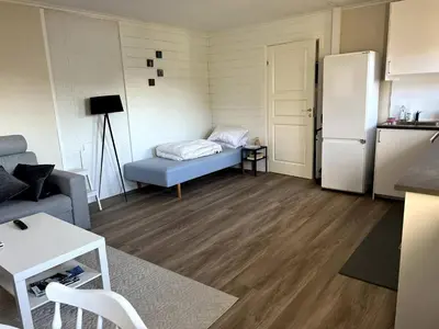 a small living room with a couch and a refrigerator at Fjord view apartment in Vaksdal