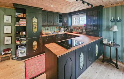 a kitchen with green walls and a wooden counter top at Amazing Home In Eggedal With Sauna in Eggedal