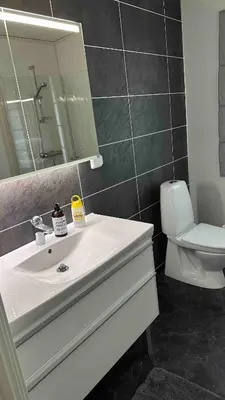 a bathroom with a sink and a toilet and a mirror at Cozy house on Gryttingshaugen, near Vinstra in Sør-Fron